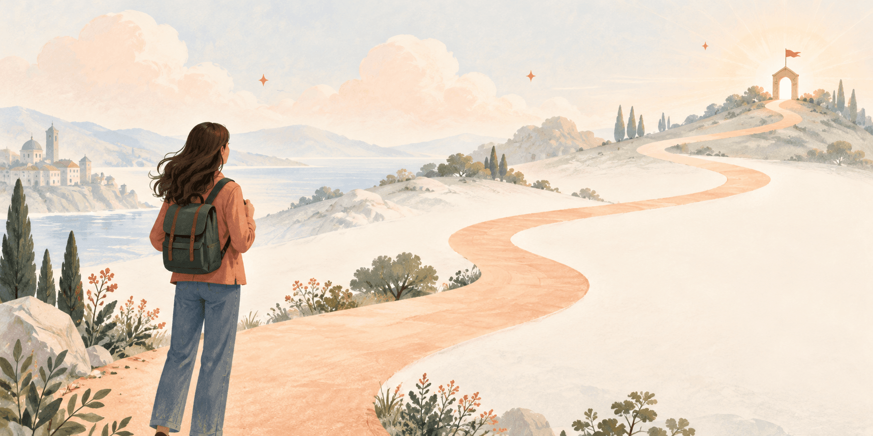 A learner follows a winding path toward a bright doorway